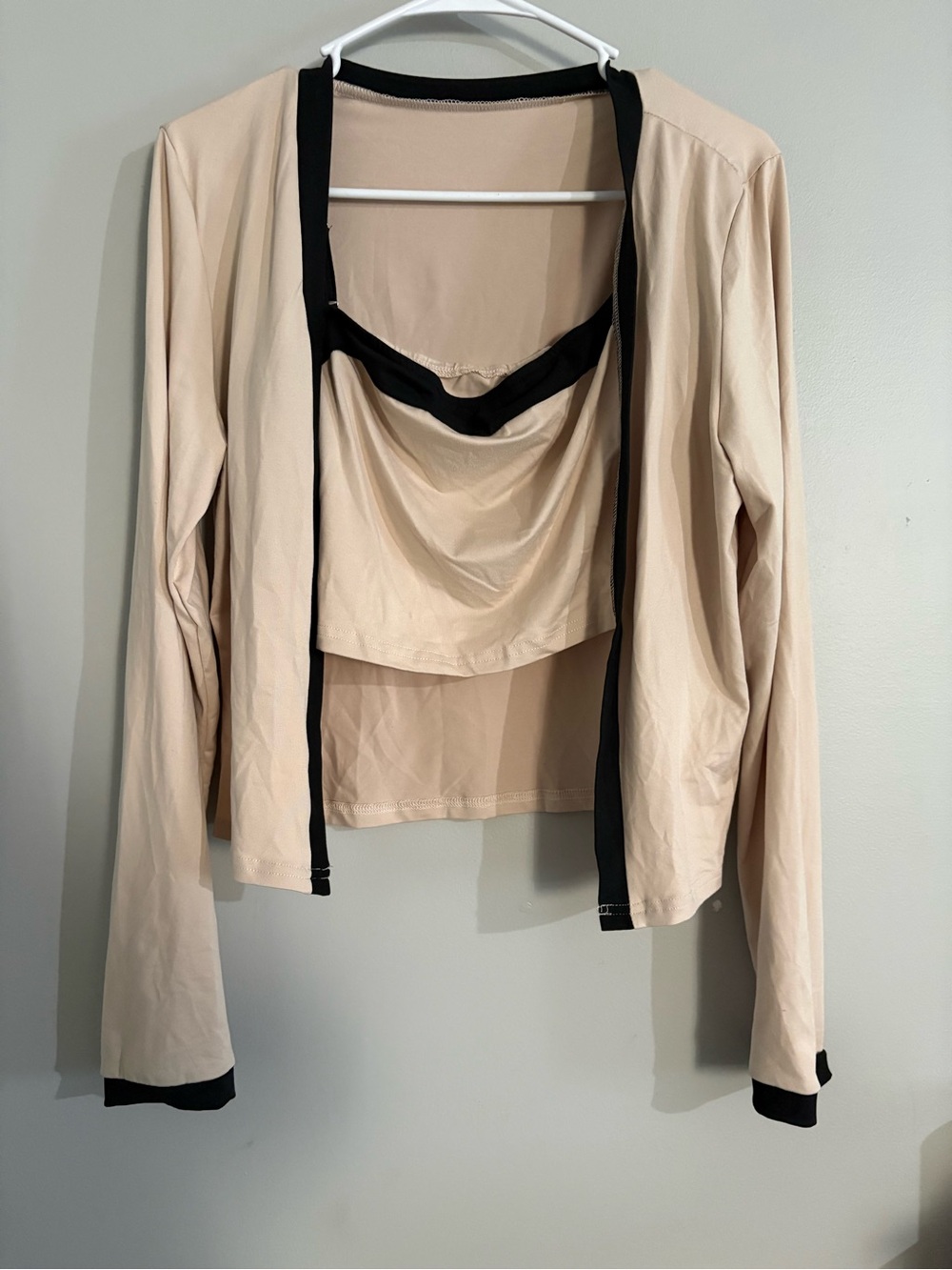 SHEIN Beige Crop Cardigan with Black Trim